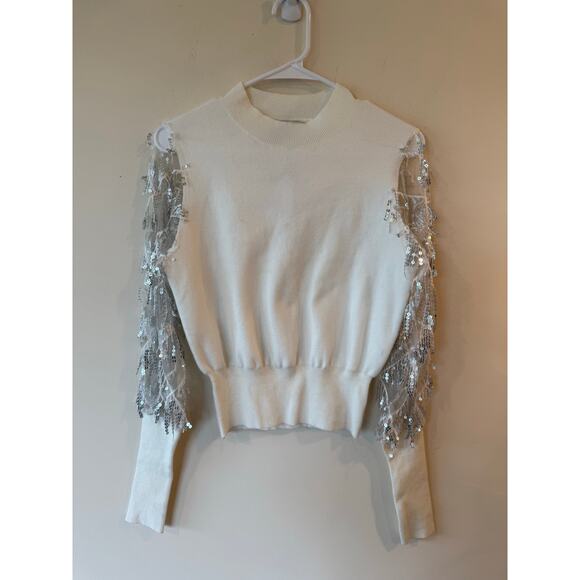 HYFVE Sweaters - Hyfve Sweater Womens L Ivory Holiday Party Knit Sequin Fringe Sleeve Mock Neck